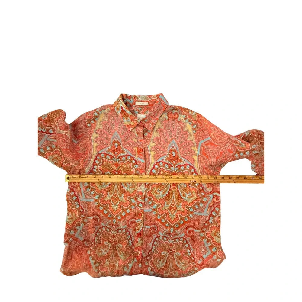 Chicos No Iron Linen Paisley Button Down Shirt Orange Blue Size 1 Medium